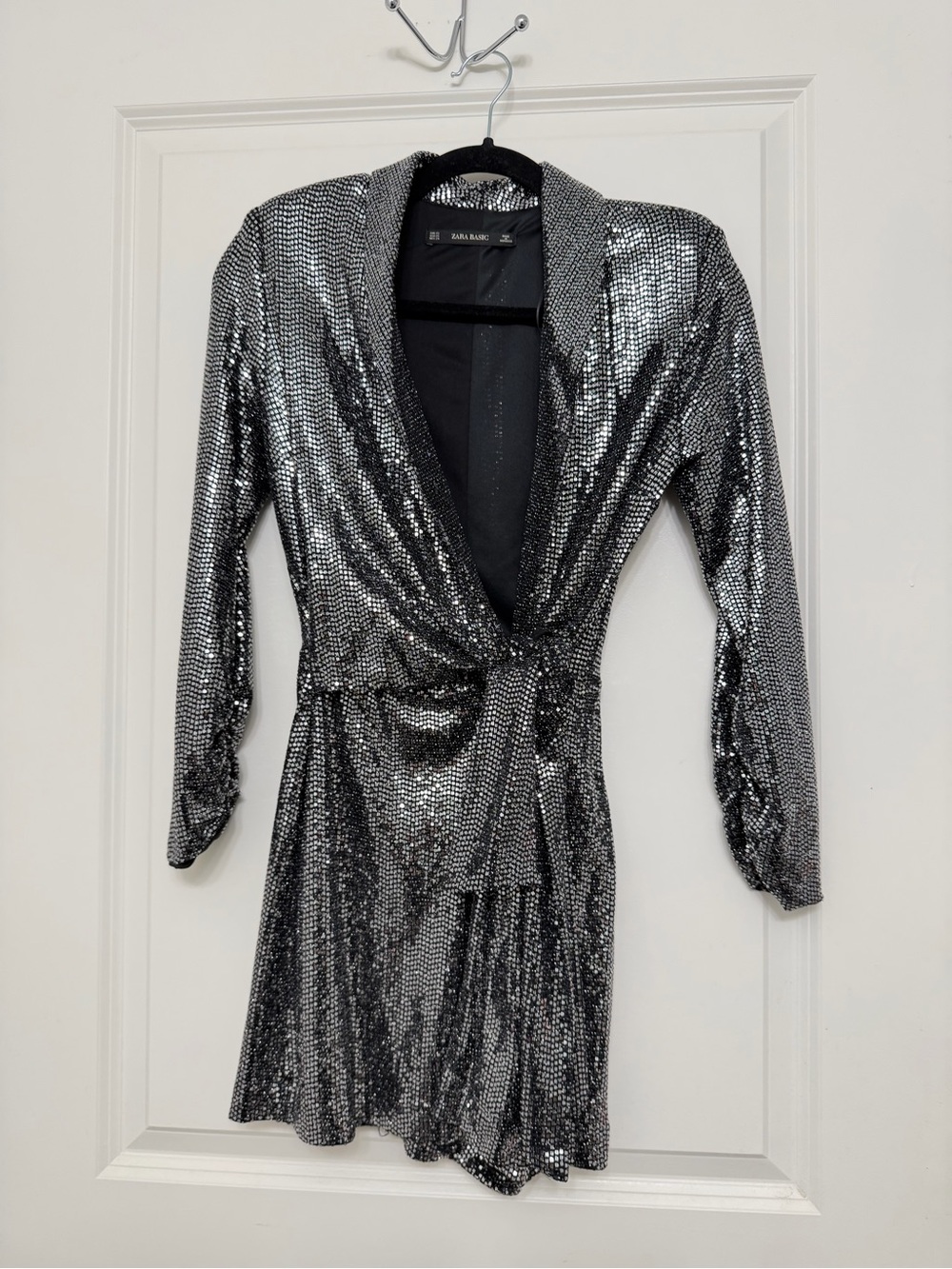 Zara Black Silver Sequin Long Sleeve Wrap Dress